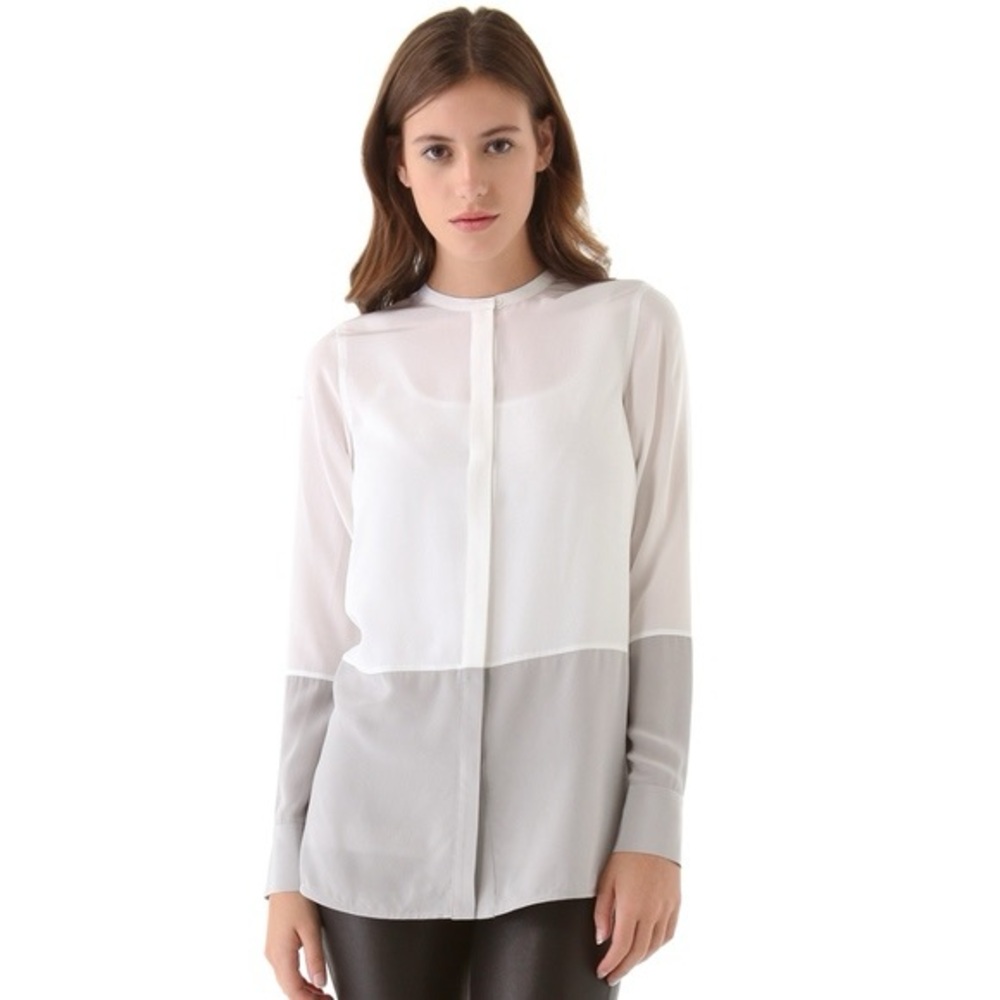 Vince Gray and Cream Boxy Blouse with Mandarin Collar